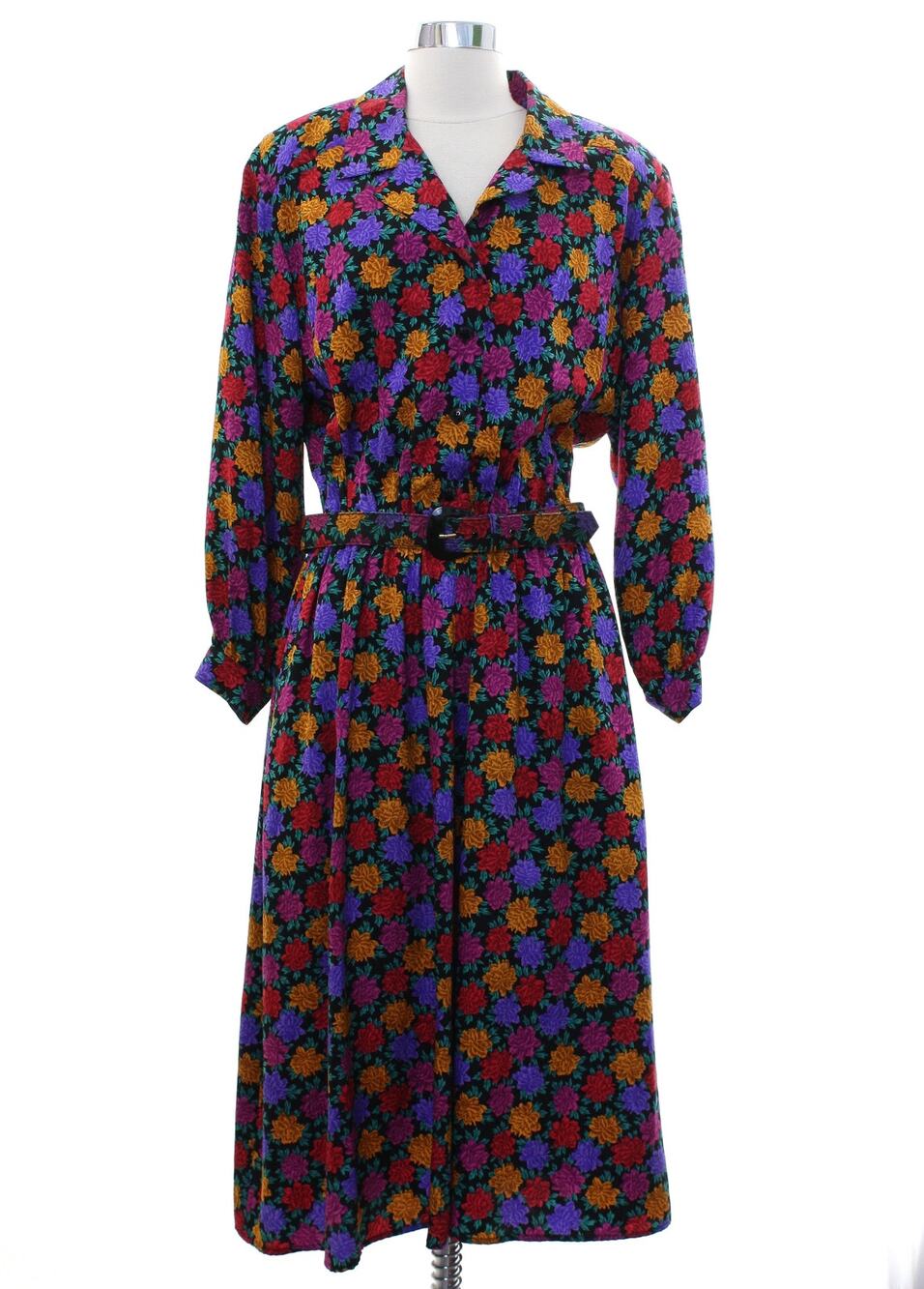 Vintage 80s Liz Claiborne Silk Floral Midi Dress Belted Petite 14 Purple